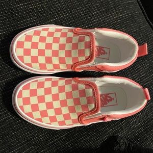 Pink and white checkered slip on vans